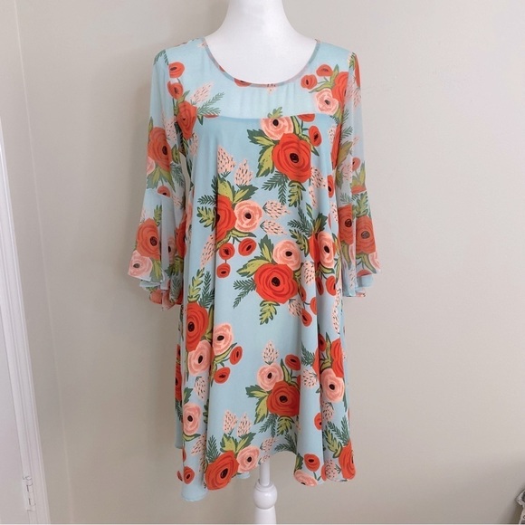 Paper Crown Dresses & Skirts - Rifle Paper Paper Crown Anthropologie Floral Blue MIDI Bell sleeve Dress SP